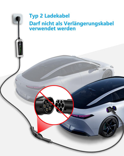 EzGoGo Type 2 charging cable, 22 kW / 32A / 3-phase / 10 meters / Mode 3, Type 2 to Type 2 EV charging cable for electric vehicles with carrying case and microfiber cloth.