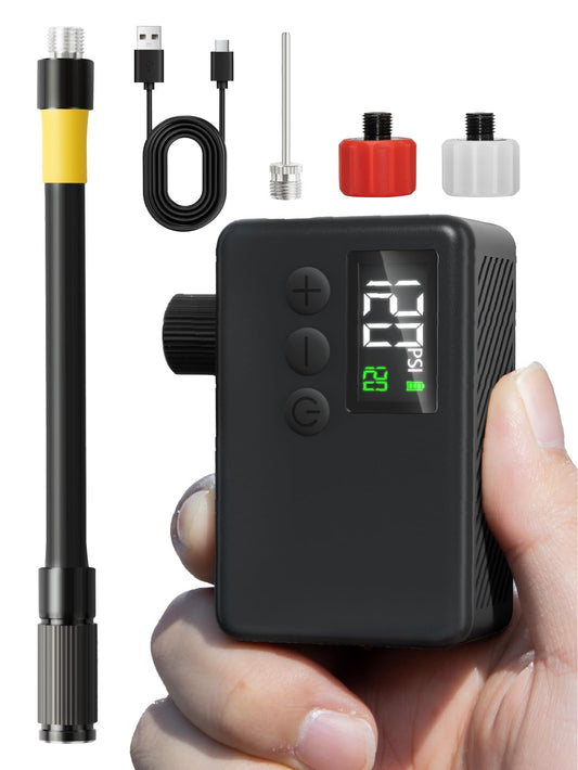 GPUTEK Electric Bike Pump, Bike Accessory 120 PSI cordless bike pump with pressure gauge, auto-off, and LED light. For e-bikes, mountain bikes, city, and road bikes with Presta and Schrader valves.