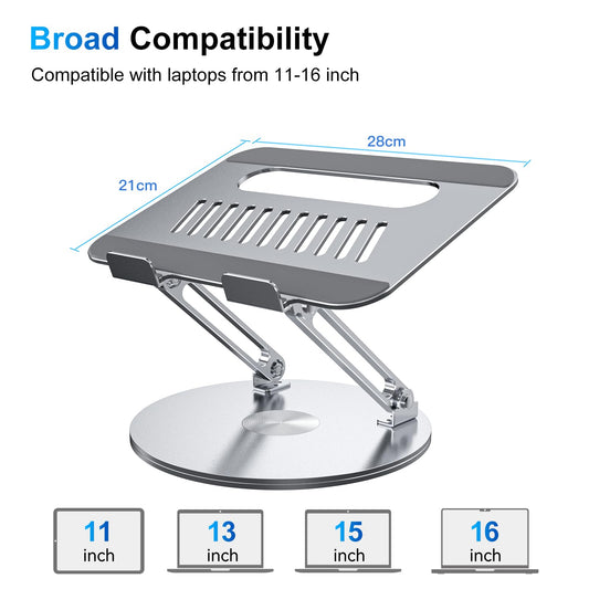 Height-adjustable, foldable laptop stand with ergonomic ventilation and 360° rotating base. Compatible with notebooks, MacBook Air/Pro, Dell, HP, and laptops ranging from 11-16".