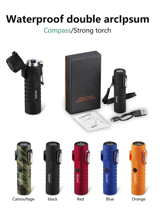 SKRFIRE windproof lighter, double arc lighter, plasma lighter with LED flashlight, rechargeable USB lighter, flameless electric lighter suitable for camping, hiking (Blue)