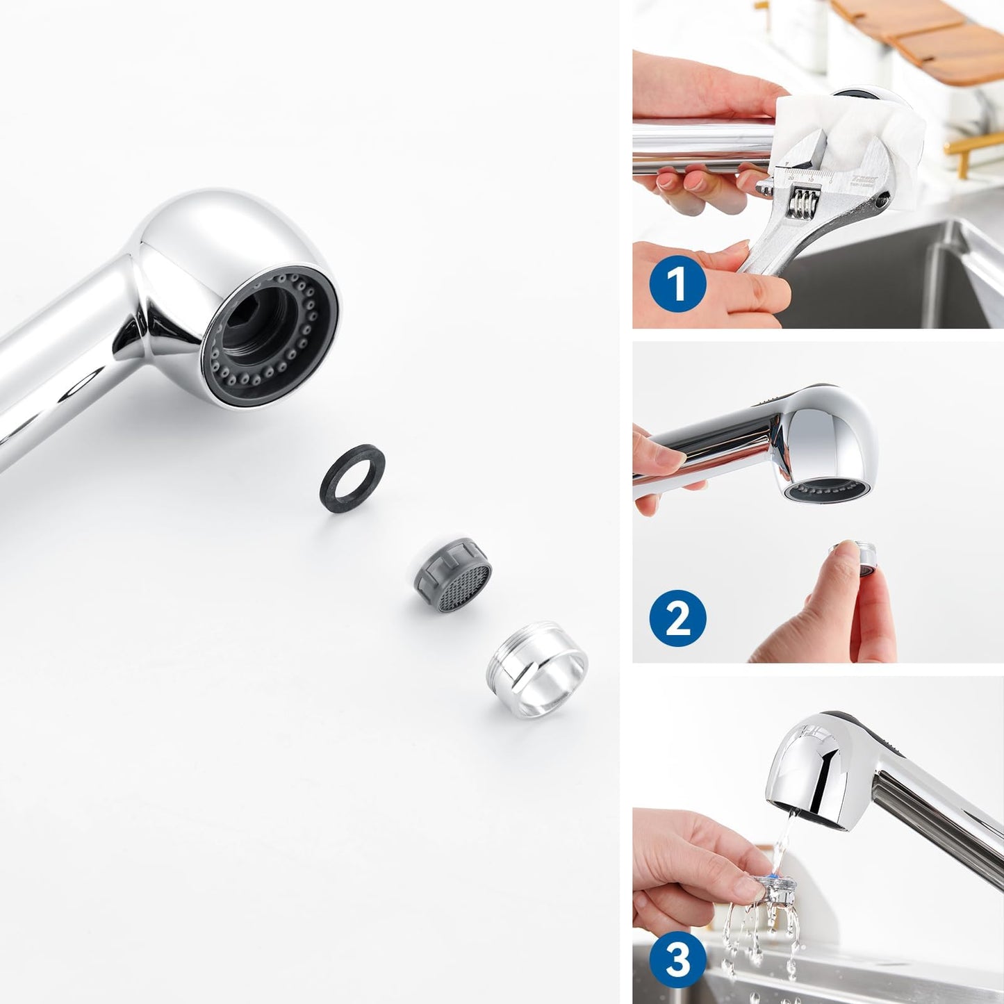 Auralum low pressure kitchen faucet, pull-out kitchen faucet, kitchen faucet low pressure with dual water jet modes, 360° rotatable kitchen mixer tap, faucet with 3 connections for boiler.