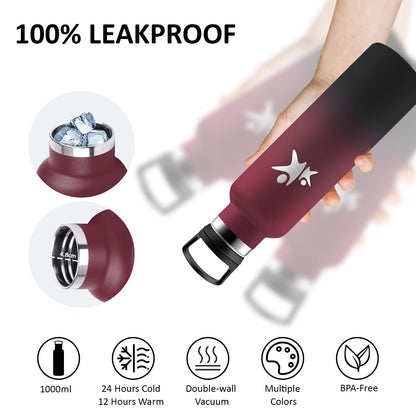 Water Bottle- 1L- Stainless Steel Water Bottle, Thermos Bottle with Straw, BPA-Free Insulated Double Wall Bottle, Leakproof Thermos, Portable for Hiking, Yoga, Gym.