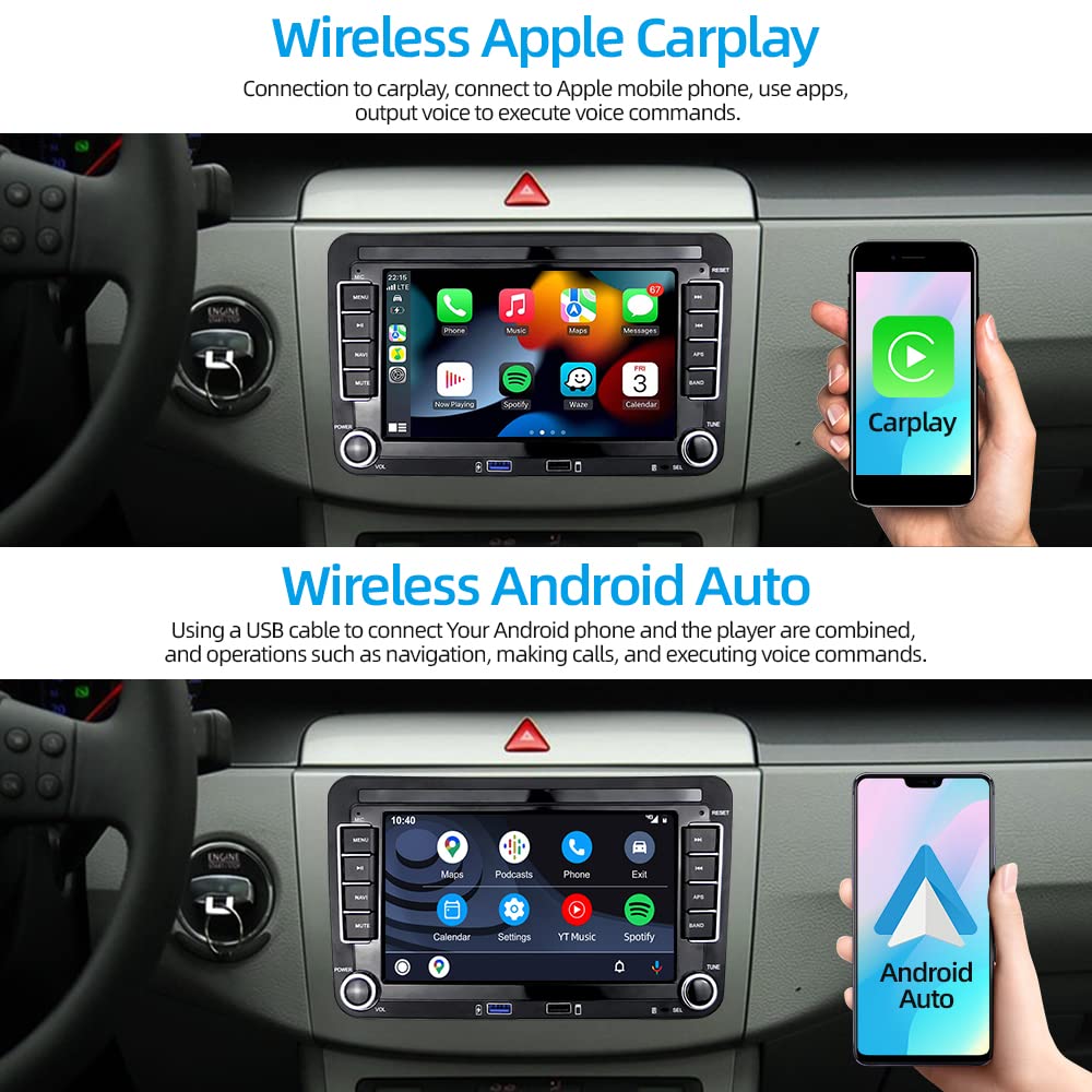 Podofo car radio for VW Golf 5 6 Polo Seat Skoda Passat B6 radio with wireless Apple CarPlay Android Auto Android 7 inch car radio with screen Bluetooth/HiFi/WLAN/GPS/RDS radio + backup camera.