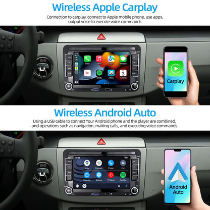 Podofo car radio for VW Golf 5 6 Polo Seat Skoda Passat B6 radio with wireless Apple CarPlay Android Auto Android 7 inch car radio with screen Bluetooth/HiFi/WLAN/GPS/RDS radio + backup camera.