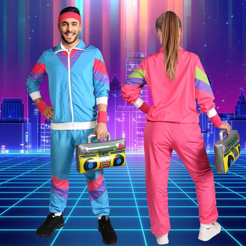 Aomig 90s 80s Costume for Adults, Retro Tracksuit for Men Women, Disco Jumpsuit, Matching Outfit Jacket and Pants 80s Party Bad Taste for Themed Party Carnival (Pink-L)