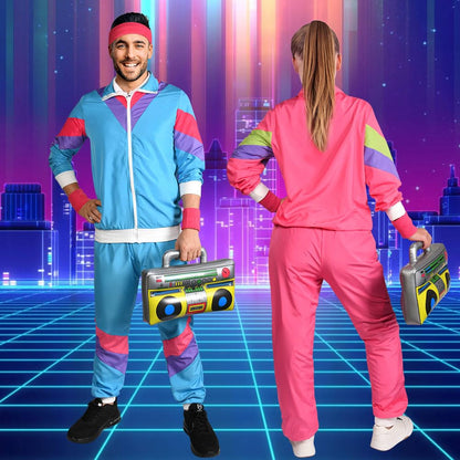 Aomig 90s 80s Costume for Adults, Retro Tracksuit for Men Women, Disco Jumpsuit, Matching Outfit Jacket and Pants 80s Party Bad Taste for Themed Party Carnival (Pink-L)