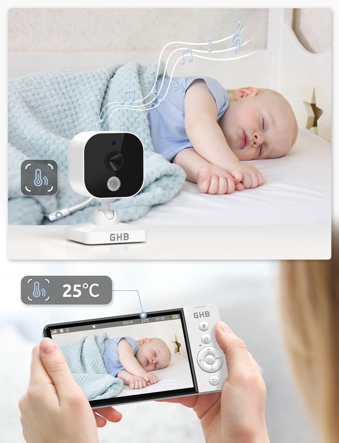 GHB baby monitor with camera 5 inch 720P HD 5000mAh IPS display VOX mode digital zoom night vision two-way talk temperature display ABM700