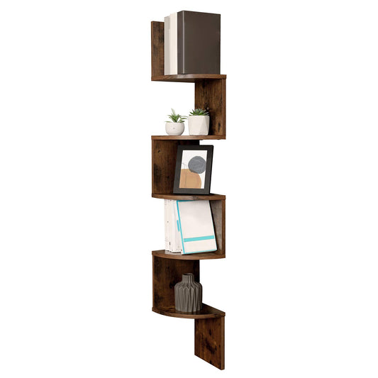 VASAGLE corner shelf, wall shelf with 5 levels, floating shelf for books, bookshelf, plant shelf for bedroom, living room, bathroom, home office, vintage brown