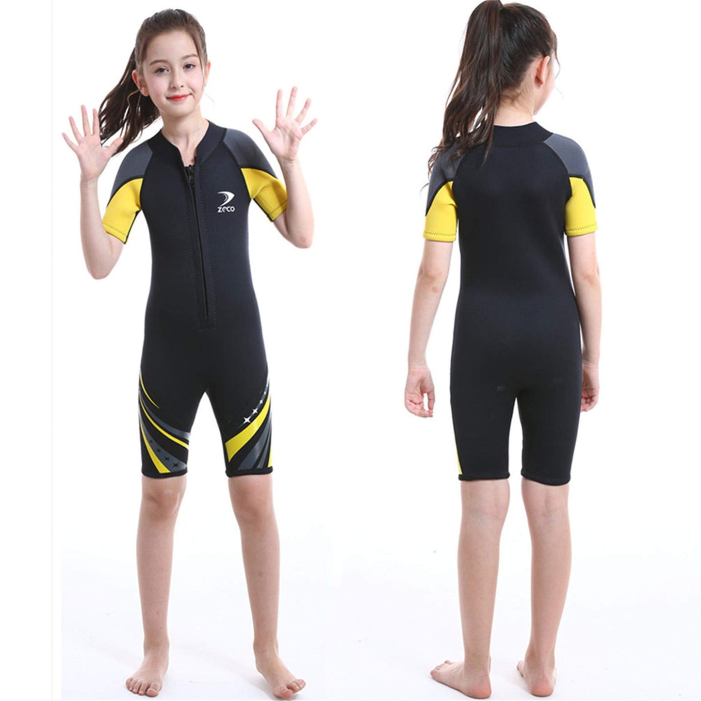 ZCCO Kids Neoprene Wetsuit, 2.5mm Neoprene Thermal Swimsuit, Neoprene Front Zipper Diving Suits for Surfing, Swimming, Diving, keeping warm for water sports, Black XS