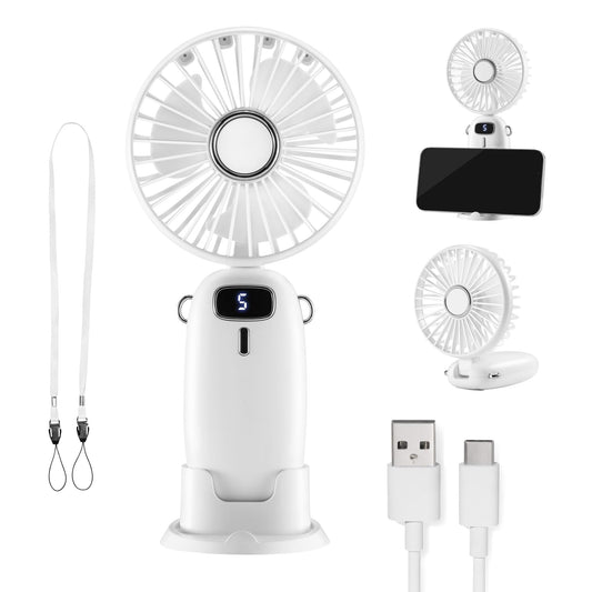 VonHaus handheld fan - lightweight, portable, small USB fan with 5 speeds - folds up 90°, with 60cm strap and phone holder - mini fan for desk, home, office (white)