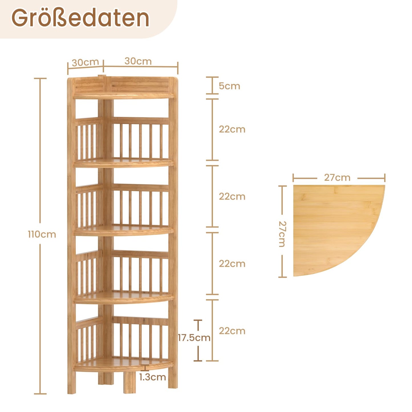 Dripex corner shelf standing, bathroom shelf, bamboo bookshelf, standing shelf with 5 shelves, 110x30x30cm, space-saving, small storage shelf for bathroom, living room, bedroom, kitchen, balcony.