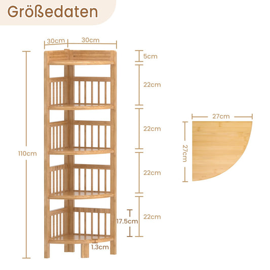 Dripex corner shelf standing, bathroom shelf, bamboo bookshelf, standing shelf with 5 shelves, 110x30x30cm, space-saving, small storage shelf for bathroom, living room, bedroom, kitchen, balcony.