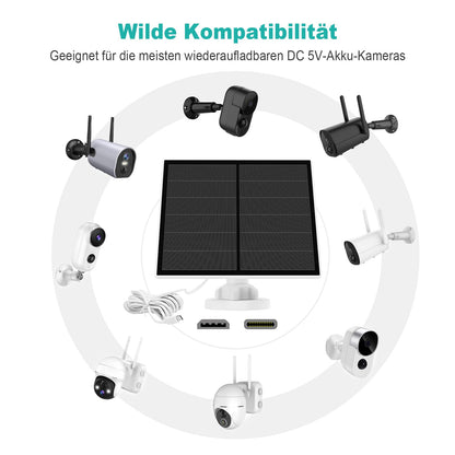 5W solar panel for surveillance camera, camera solar module for DC 5V outdoor battery camera, with micro-USB connection, USB-C adapter, adjustable bracket, 9.8ft cable, 1 pack.