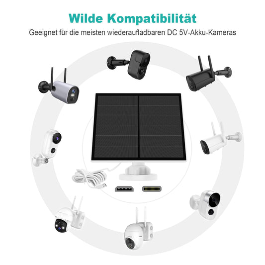 5W solar panel for surveillance camera, camera solar module for DC 5V outdoor battery camera, with micro-USB connection, USB-C adapter, adjustable bracket, 9.8ft cable, 1 pack.