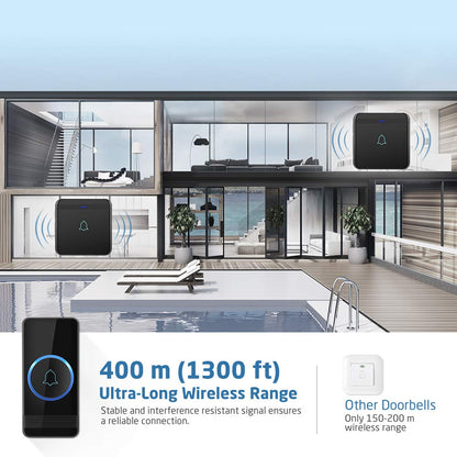 AVANTEK wireless doorbell, 400m range, IP55 waterproof outdoor doorbell with 2 plug-in receivers, 52 melodies, 5 volume levels, receiver simply plugs into outlet.