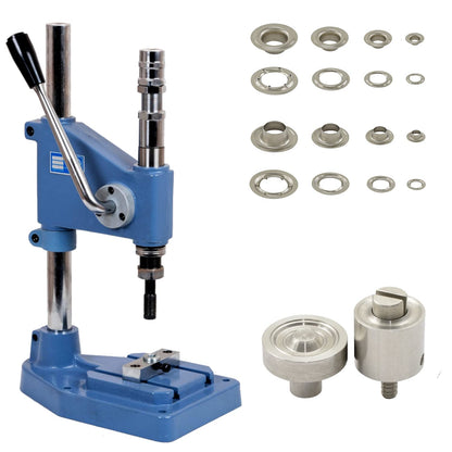 GETMORE Parts eyelet press set consisting of spring punch press + eyelet tool + 500 pieces of eyelets according to DIN 7332, brass, silver nickel-plated, 12 mm