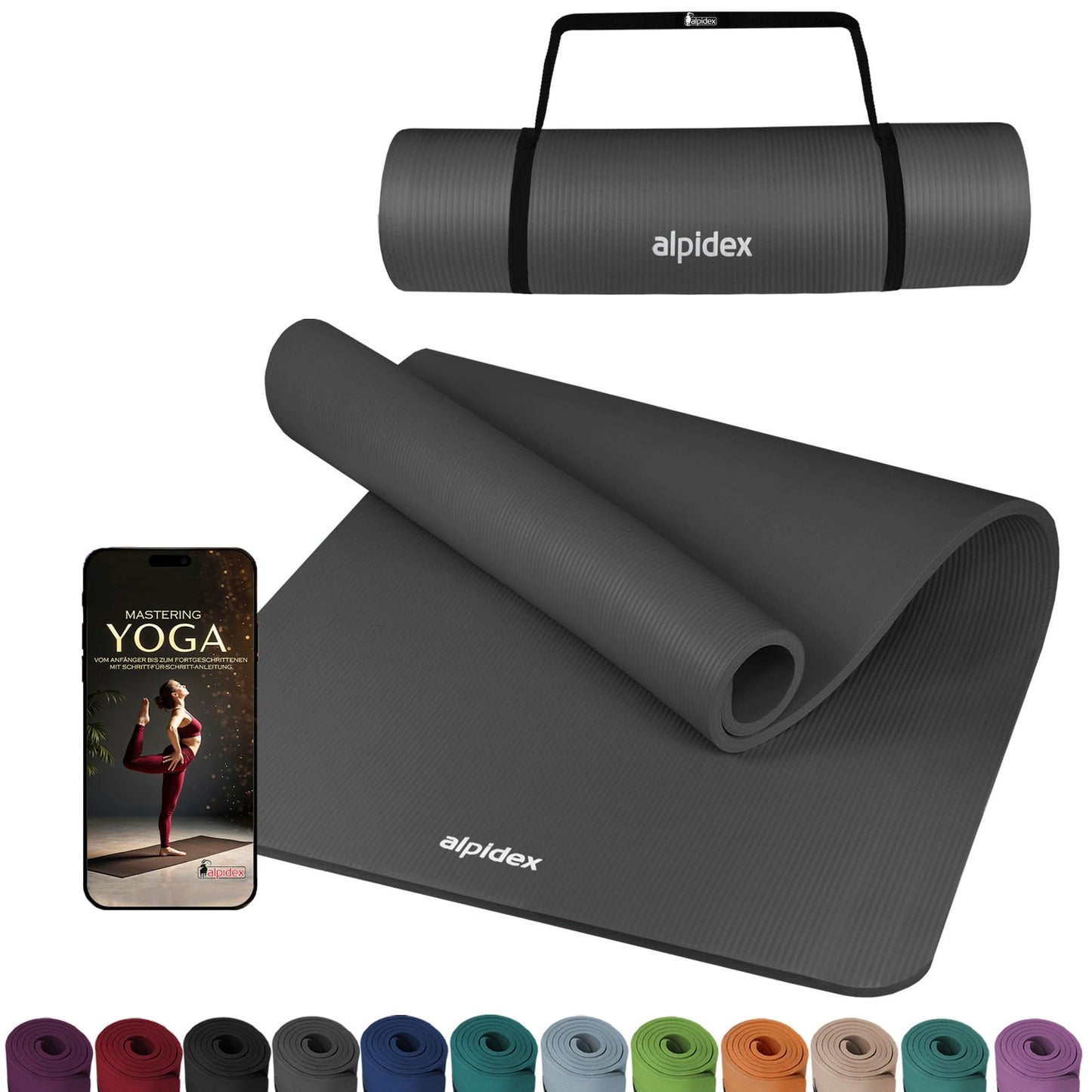 ALPIDEX Yoga Mat Extra Thick 1.5 cm Exercise Mat 3 Sizes E-Book Non-Slip Phthalate-Free Fitness Mat Gymnastics Pilates Sport Physio HIIT Yoga Training Mat Mat, Anthracite, 190 x 80 x 1.5 cm
