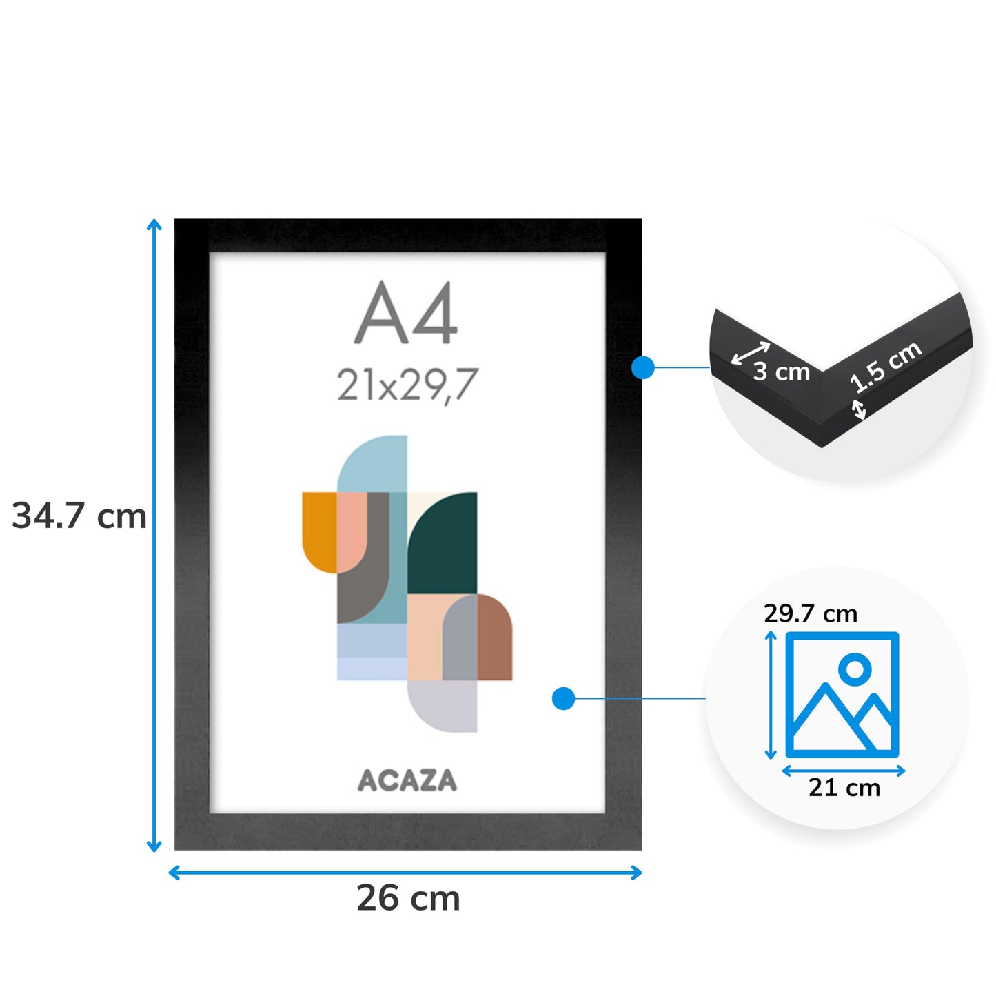ACAZA A4 picture frame 21x29.7 cm 2-piece set Black, MDF wood with shatterproof acrylic glass, for photos, posters, and puzzles, wall mounting, vertical and horizontal format.