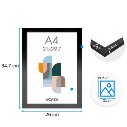 ACAZA A4 picture frame 21x29.7 cm 2-piece set Black, MDF wood with shatterproof acrylic glass, for photos, posters, and puzzles, wall mounting, vertical and horizontal format.