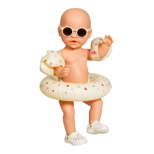 Heless 50550 - Doll swimming set in beige heart confetti, with swim ring, armbands, clogs and sunglasses, for dolls and stuffed animals sized 35-45 cm.