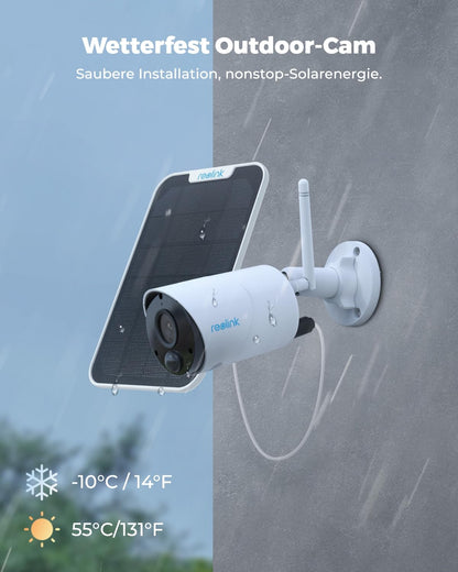Reolink 2K outdoor surveillance camera with battery Argus Eco with solar panel, wireless solar WiFi camera outdoor with PIR & AI detection, 2.4GHz Wi-Fi, IR night vision, time-lapse, 2-way audio, weatherproof