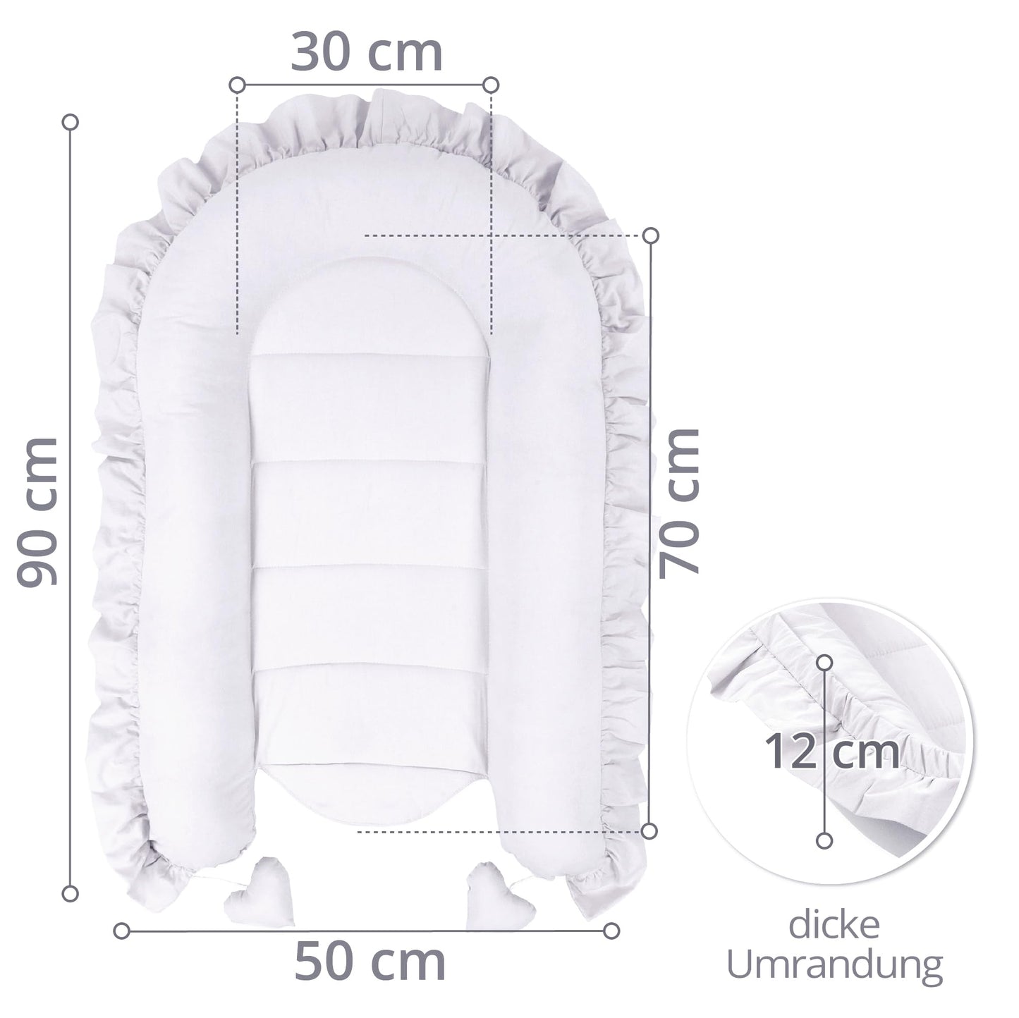Baby nest for newborns with carrying handle, 90 x 50 cm. Portable cocoon nest for bed, cuddle nest for boys and girls. Grey.