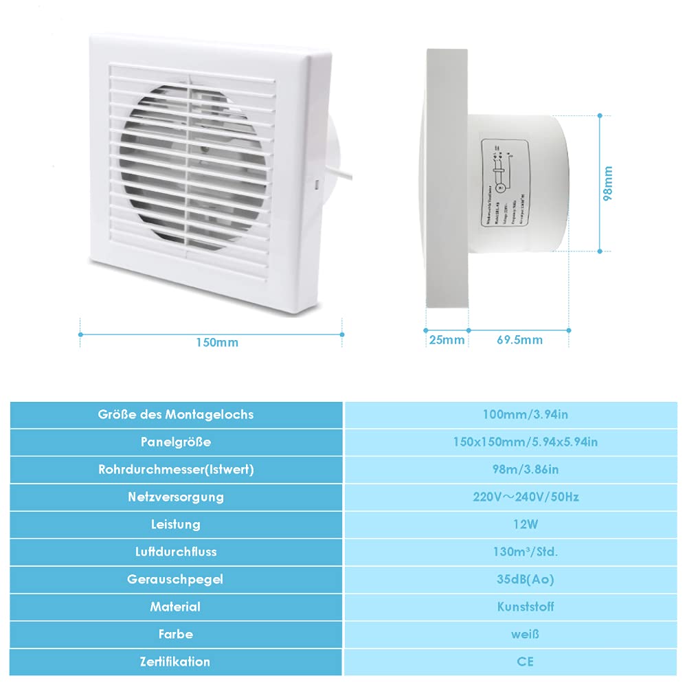 Randaco bathroom extractor fan Ø 100mm wall ventilator, kitchen toilet bathroom exhaust fan, quiet operation white ventilator.