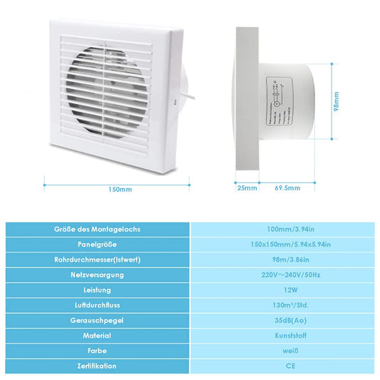 Randaco bathroom extractor fan Ø 100mm wall ventilator, kitchen toilet bathroom exhaust fan, quiet operation white ventilator.