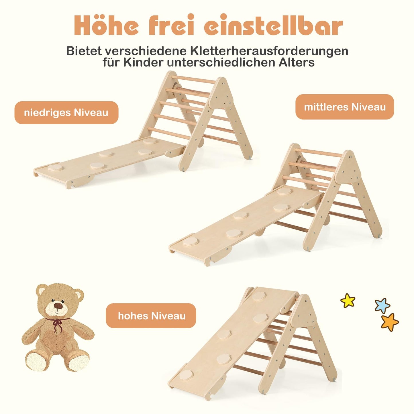 GOPLUS Climbing Frame Indoor, 4 in 1 Climbing Triangle & Climbing Arch & Ladder & Slide, Rung Triangle Playground for Climbing, Sliding and Rocking, for Toddlers from 1 year old (Natural)