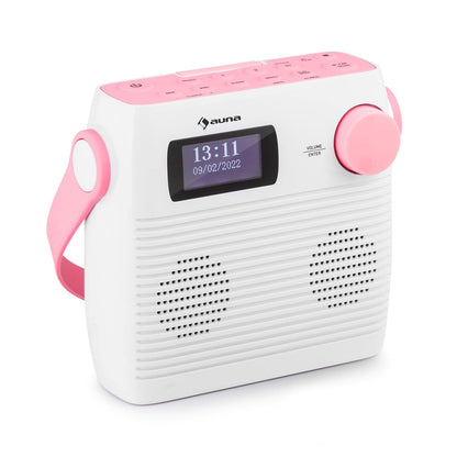 Auna Splash Shower Radio, DAB Radio, BT DAB+/FM IPX4, DAB+ Radio with USB port, headphone jack USB-C battery, digital radio, white-pink