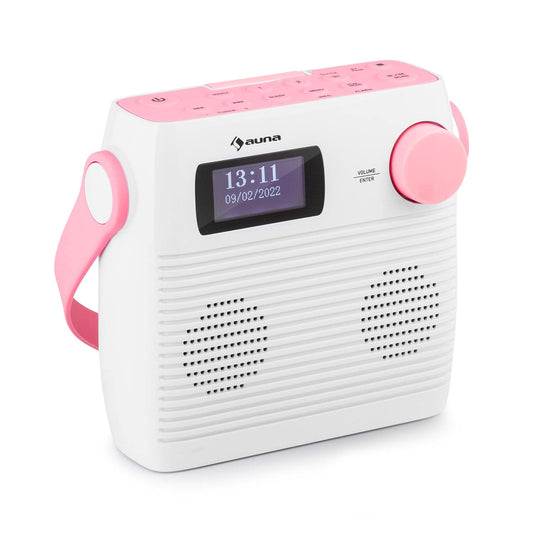Auna Splash Shower Radio, DAB Radio, BT DAB+/FM IPX4, DAB+ Radio with USB port, headphone jack USB-C battery, digital radio, white-pink