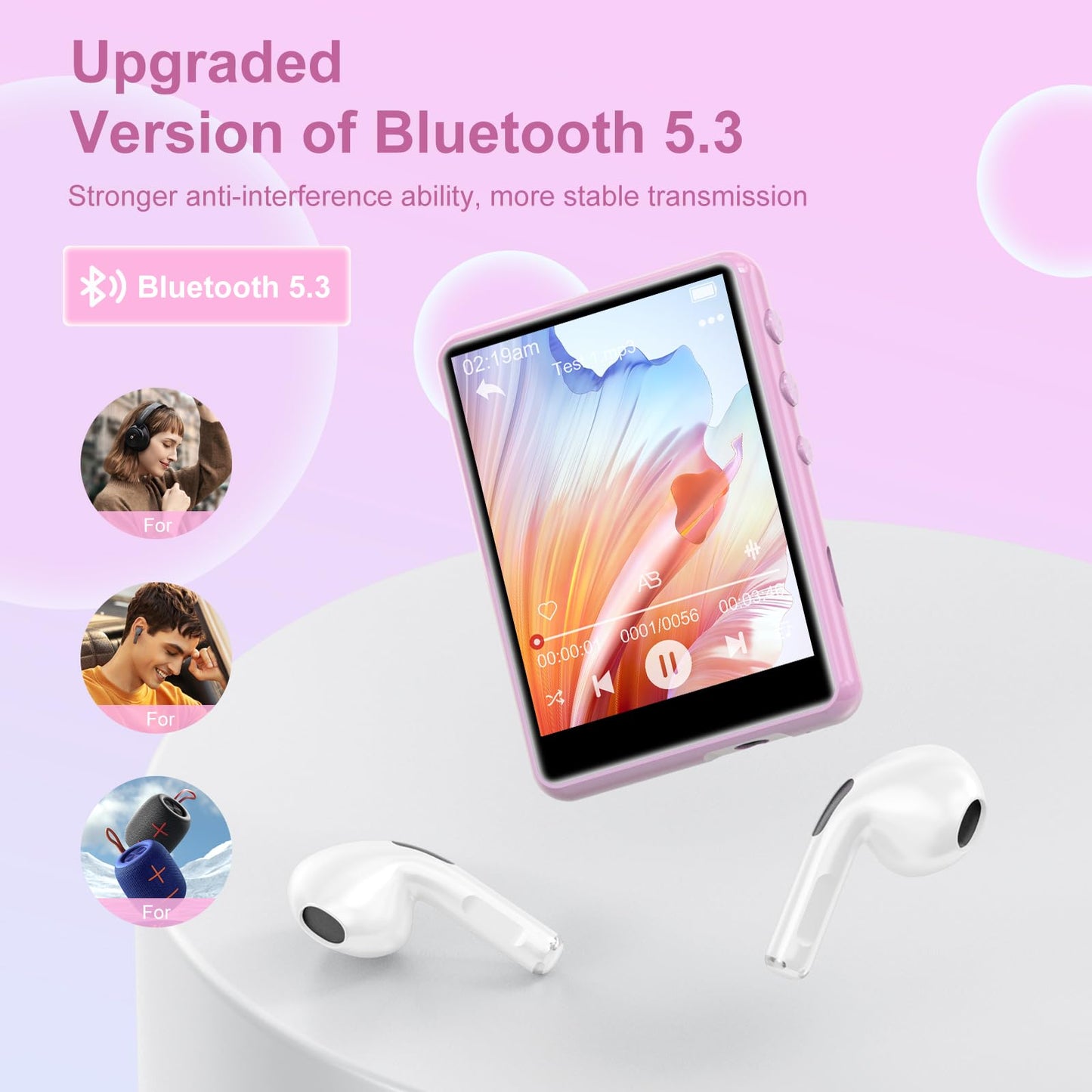 64GB MP3 player with Bluetooth 5.3, 2.4 inch full touchscreen, portable music player with HiFi lossless digital audio, speaker, FM radio, E-Book, supports up to 128GB. Available in pink.