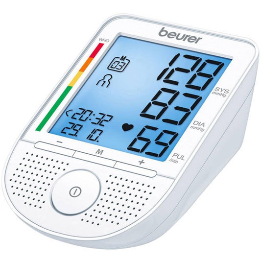 Beurer BM 49 Talking Blood Pressure Monitor (DE, FR, IT, NL) with risk indicator and arrhythmia detection, two user memories with 60 memory spaces, error message notification.