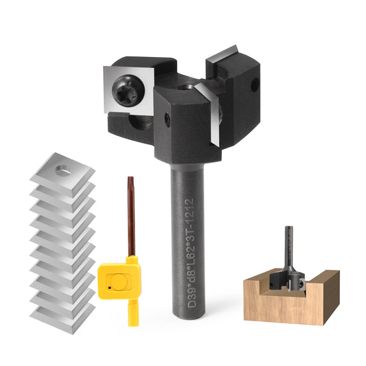 8mm shank 3 flute planing cutter with 10 interchangeable carbide inserts (12x12x1.5mm) for wood. Diameter 39mm, professional planing cutter for routers, cutters & CNC machines (D=39 S=8)