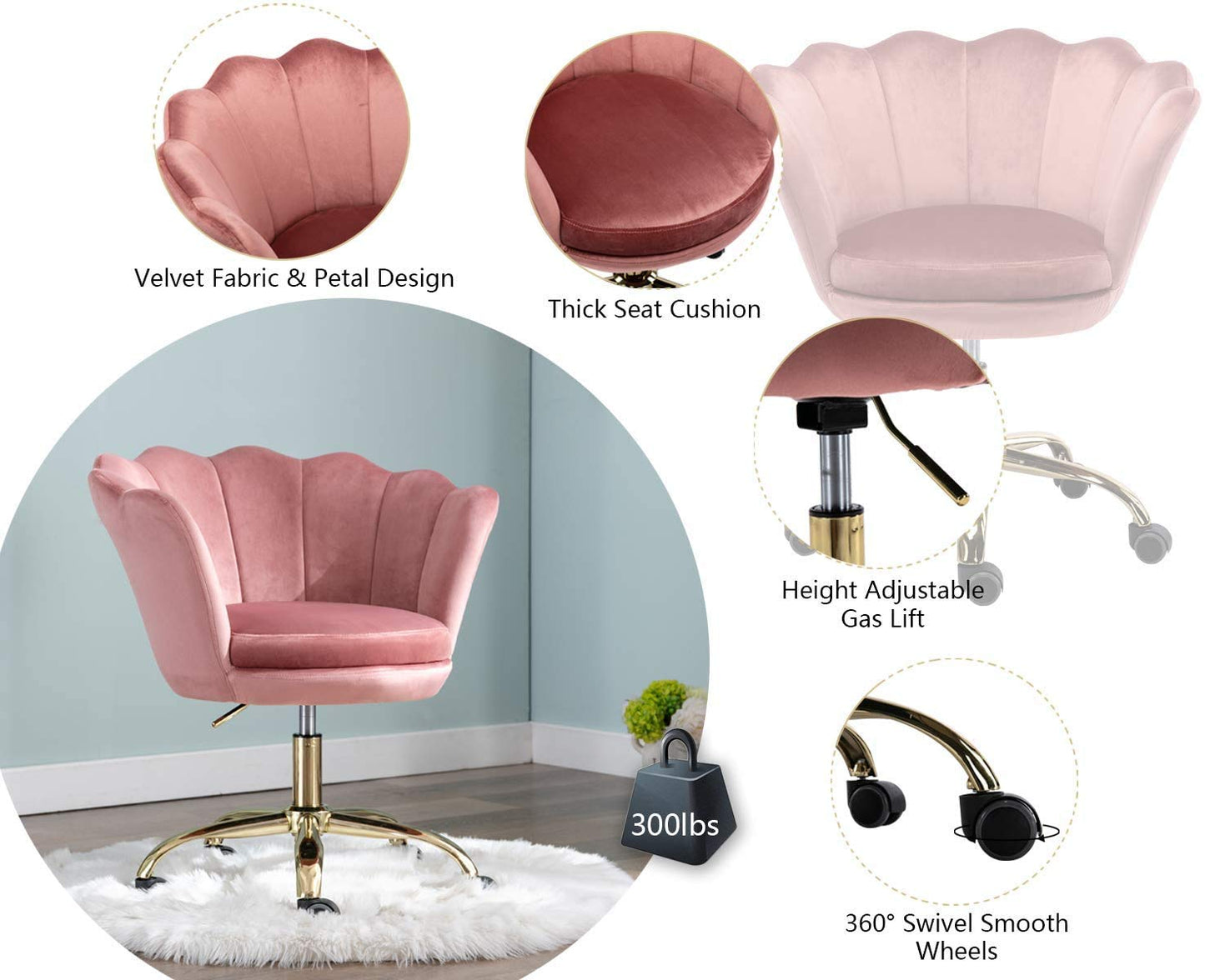 Wahson velvet office chair with wheels and adjustable height, suitable for bedroom/vanity desk. Available in pink.