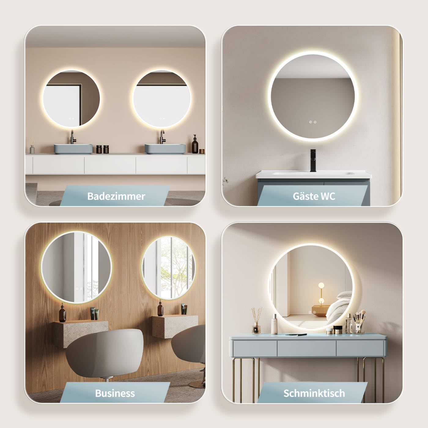 HOKO bathroom mirror 60cm ULM, with ANTI-FOG MIRROR HEATING, round bathroom mirror with LED lighting and with touch switch + LED change - Warm White - Cool White - Neutral.