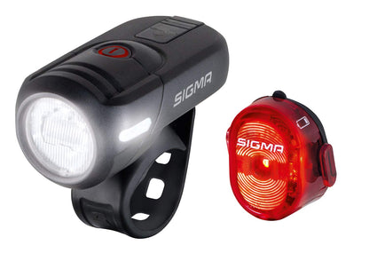 SIGMA LED bike light set Aura45/Nugget II with 45/15 lux | Rechargeable & splash-proof | Tool-free installation | 6-21h battery life | Front and rear bike lights LED set.