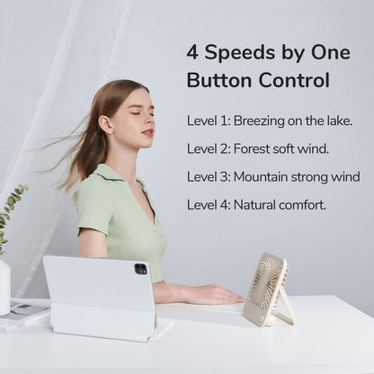 JISULIFE Table Fan Quiet, Mini Fan Battery Rechargeable, 180° Foldable Portable Fan Small, 4 Speeds Adjustable For Home Office Travel- Brown