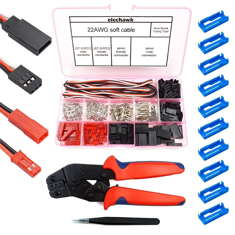 55 sets of servo connectors, male, female, crimp pin cable set with crimp tool, compatible with JR JST SYP Futaba for Hitec Spektrum RC.