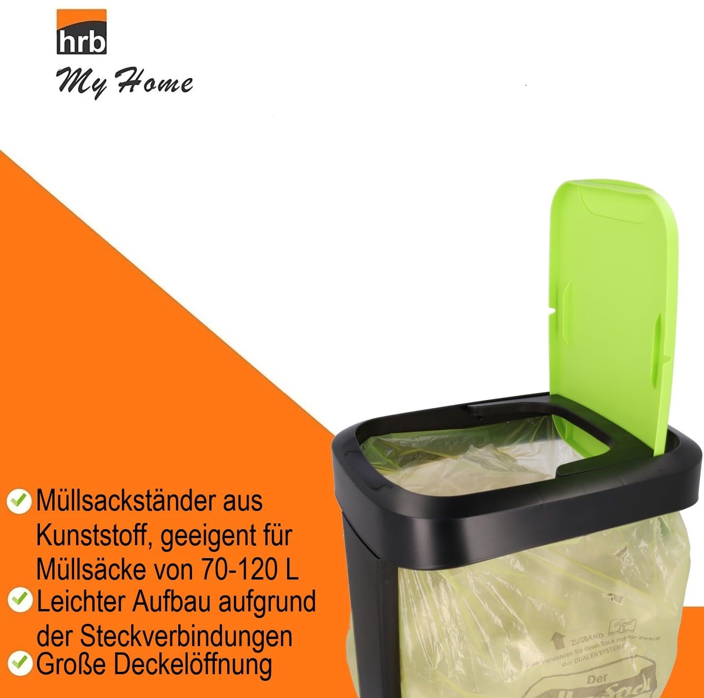 Yellow Bag Stand with swinging lid, sturdy kitchen trash can for 70-120L garbage bags, perfect for collecting deposit bottles, high-quality trash bag stand for household and commercial use.