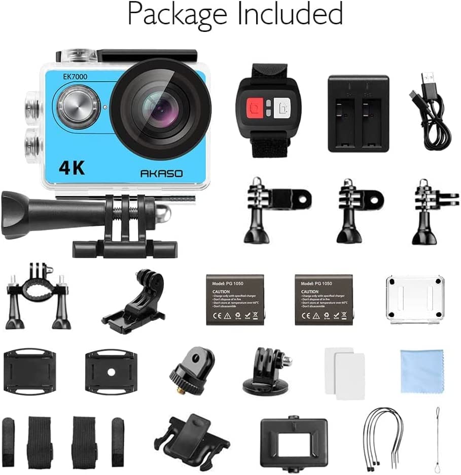 AKASO Action Cam EK7000 4K30FPS Action Camera 170° Wide Angle HD Underwater Camera 20MP WiFi Waterproof Sport Camera 2 Inch LCD Screen with 2 Batteries (Blue)