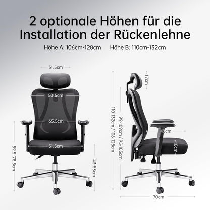 Hbada P3 Pro Office Chair Ergonomic, Desk Chair with Adjustable Headrest, Lumbar Support, Large Tilt Angle, Backrest made of Elastic Mesh Fabric, Black