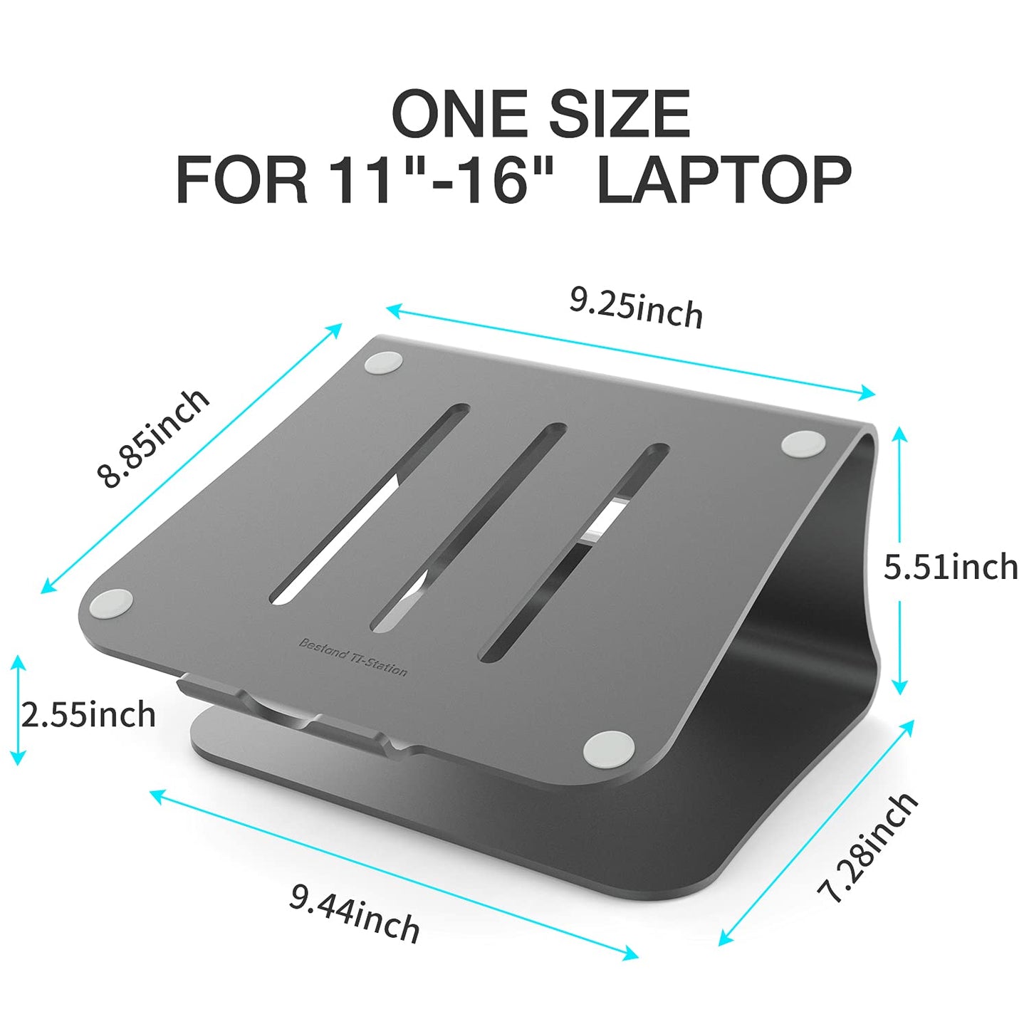 Laptop stand, aluminum notebook holder, heat vent for MacBook Air/Pro, Dell, HP, Lenovo, Microsoft Surface, Samsung 11-16 inch notebooks, gray (patented)