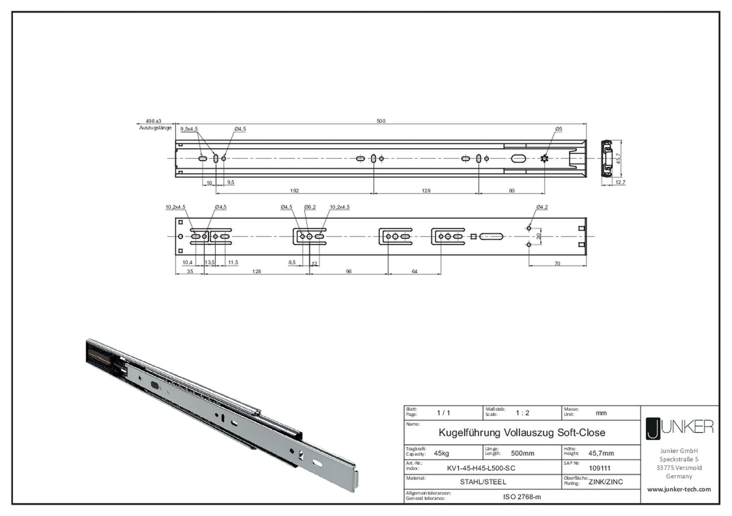 Junker 2 pairs of full extension slides KV1-45-H45-L500-SC 500mm with self-closing and damping (SoftClose) telescopic rails with a 45kg load capacity.