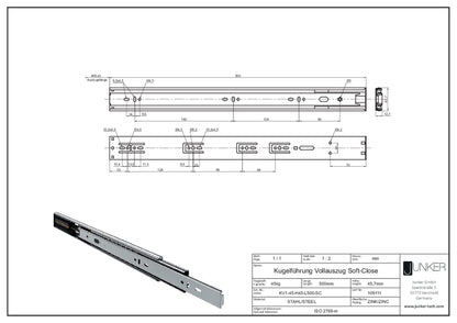 Junker 2 pairs of full extension slides KV1-45-H45-L500-SC 500mm with self-closing and damping (SoftClose) telescopic rails with a 45kg load capacity.