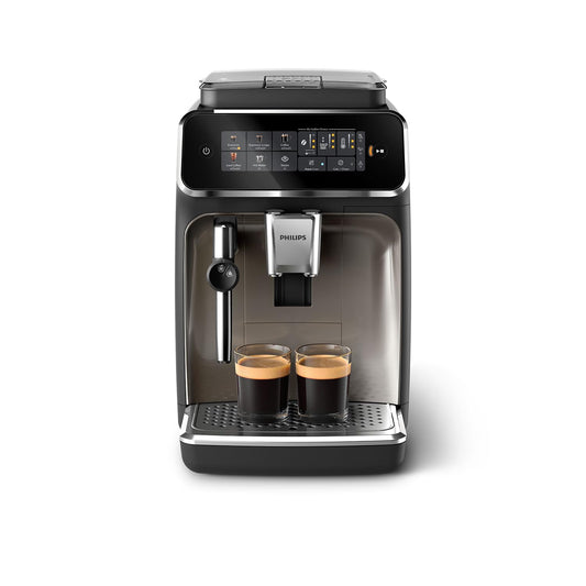 Philips 3300 Series Coffee Machine - 5 drinks, Intuitive touch display, Classic milk frother, SilentBrew, 100% ceramic grinder, AquaClean filter. Black chrome (EP3326/90)