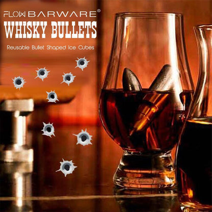 Flow XL Whiskey Bullets with Ammo Holder Stainless Steel Whiskey Stones Reusable Metal Ice Cube Tray Gift for Men Whiskey Accessories Silver