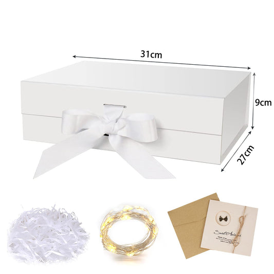 Gift box with lid, gift box with ribbon, foldable gift box, gift box with magnets, gift box set, greeting cards, raffia hamper shreds, LED fairy lights, for wedding, birthday, Christmas.