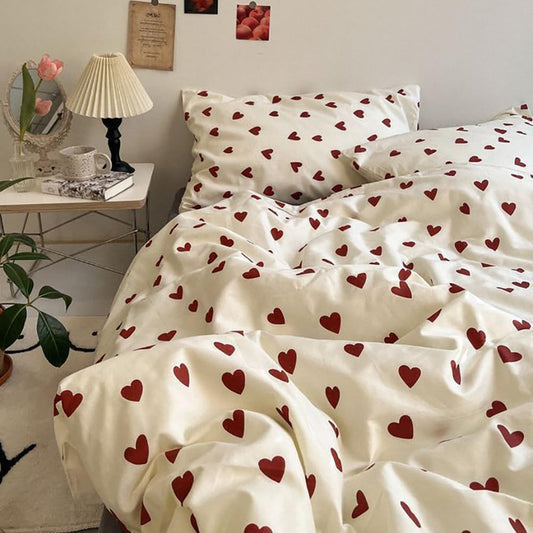 Nayoroom bedding 135x200 White with Red Hearts Duvet Cover 2-piece Microfiber Red White Hearts Bedding Set and Pillowcase 80x80 cm with zipper