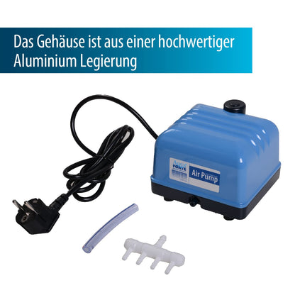AquaForte Hi-Flow V-30 air pump, aluminum housing, quiet and powerful, 25 Watt power, capacity of 7 liters per minute at 2 meters, maximum pond capacity of 18 m3, non-adjustable.